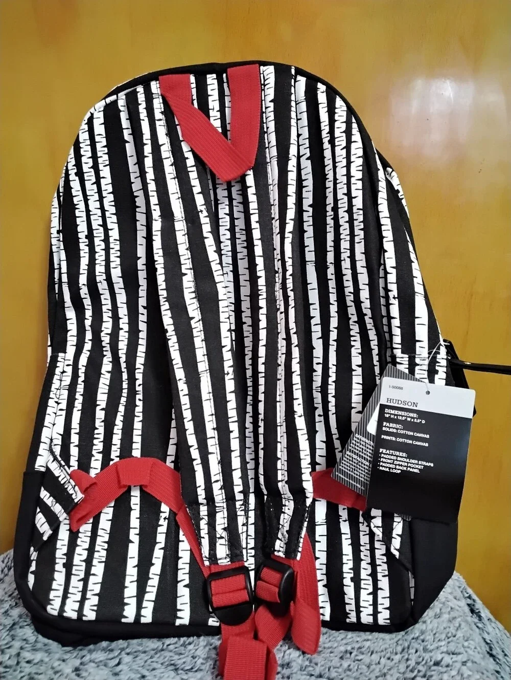 Dickies Black and White Striped/Birch Looking Backpack with Red Zip NWT